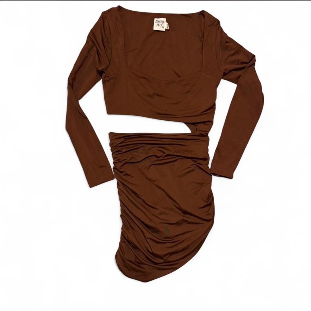 Princess Polly Brown Ruched Long Sleeve Mini Dress Size 4